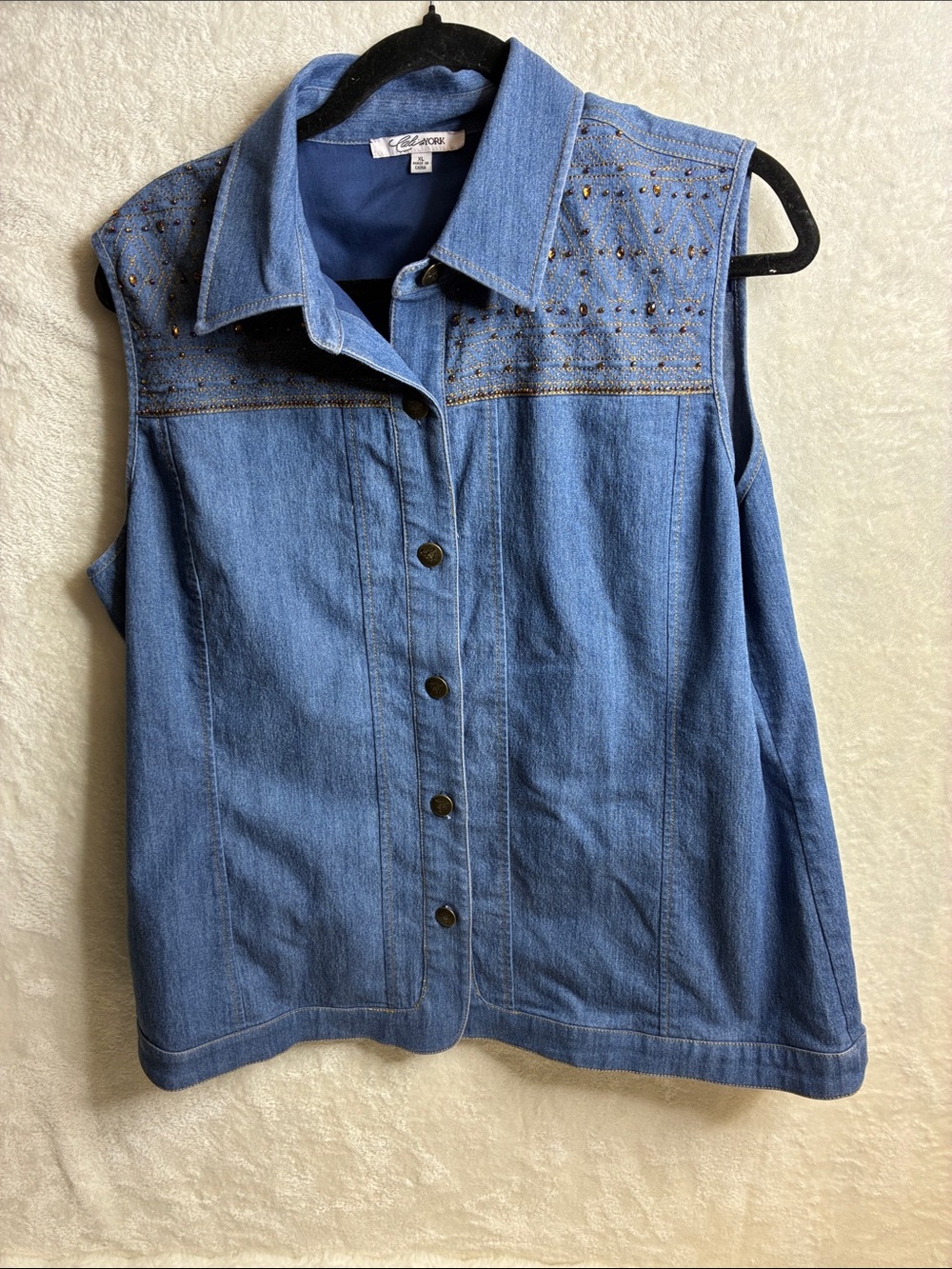 Sleeveless Denim Button-Front Shirt with Studded Yoke - Blue
